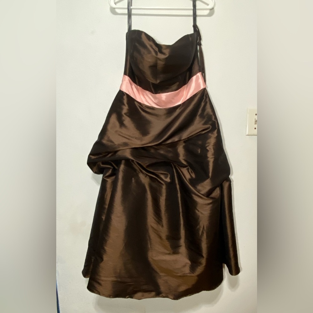 Bill Levkoff Y2K Chocolate Brown Pink Bubble Hem Bridesmaid Dress Size 12 - Picture 12 of 13